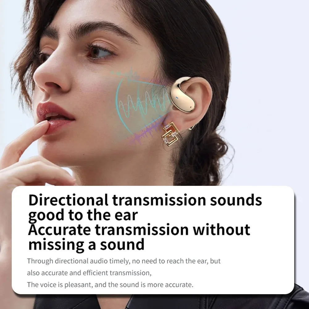 Woman wearing a wireless earbud with text about directional transmission on a light purple background