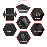 Hexagonal grid showing features of a black bag with text labels.
