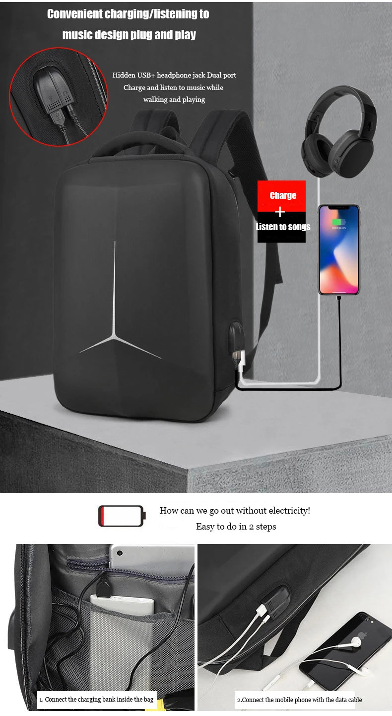 Black backpack with USB charging port, smartphone, and headphones on a gray background