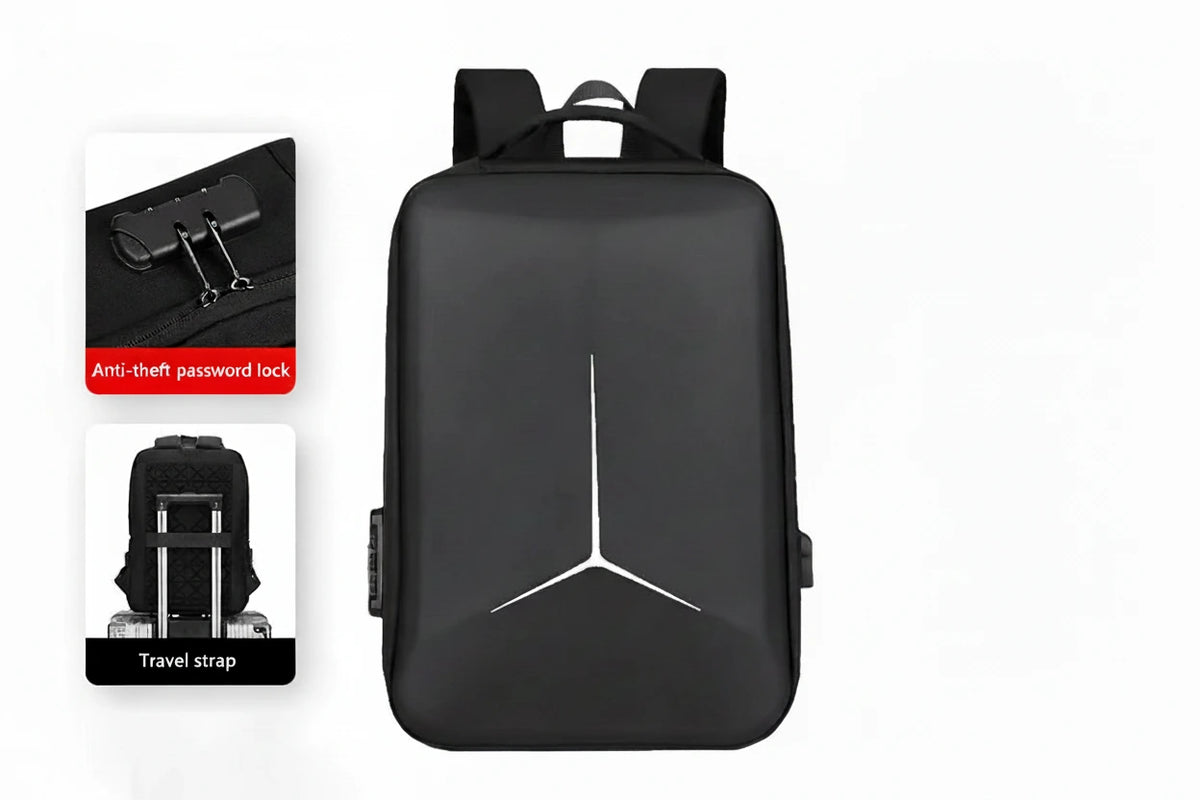 Black backpack with anti-theft password lock and travel strap features on a white background