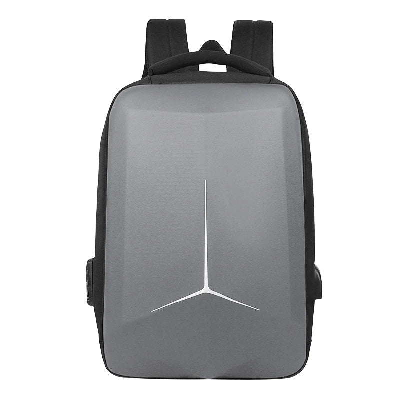 Gray backpack with a logo on a white background