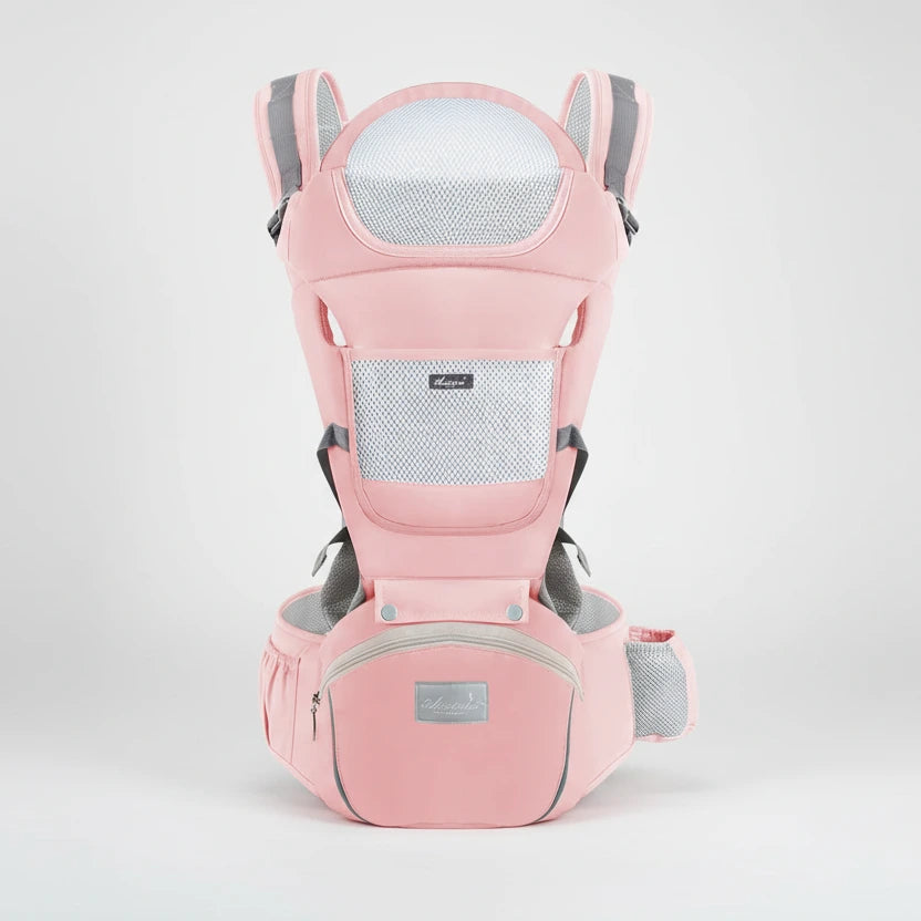 Pink baby carrier with gray accents on a white background