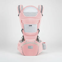 Pink baby carrier with gray accents on a white background