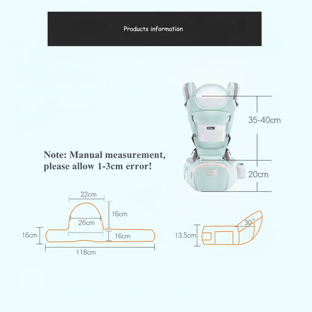 Baby carrier with measurement details on a white background