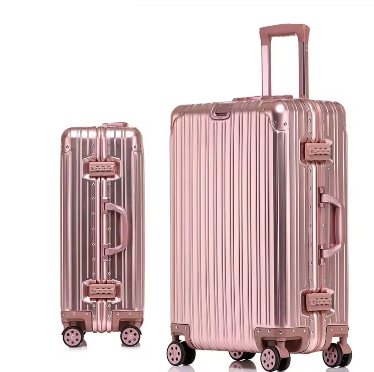 Rose gold luggage set on a white background