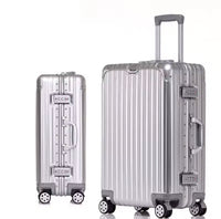 Two silver suitcases of different sizes on a white background