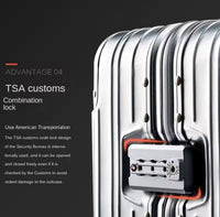 Silver suitcase with TSA lock mechanism on a black background