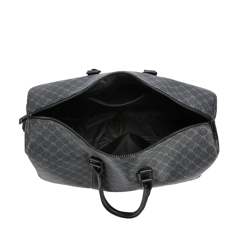 Gray patterned duffel bag on a white background