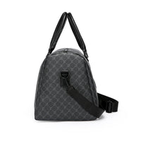 Gray checkered bag with a black strap on a white background
