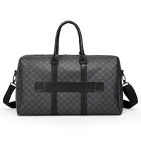 Gray duffel bag with black accents on a white background