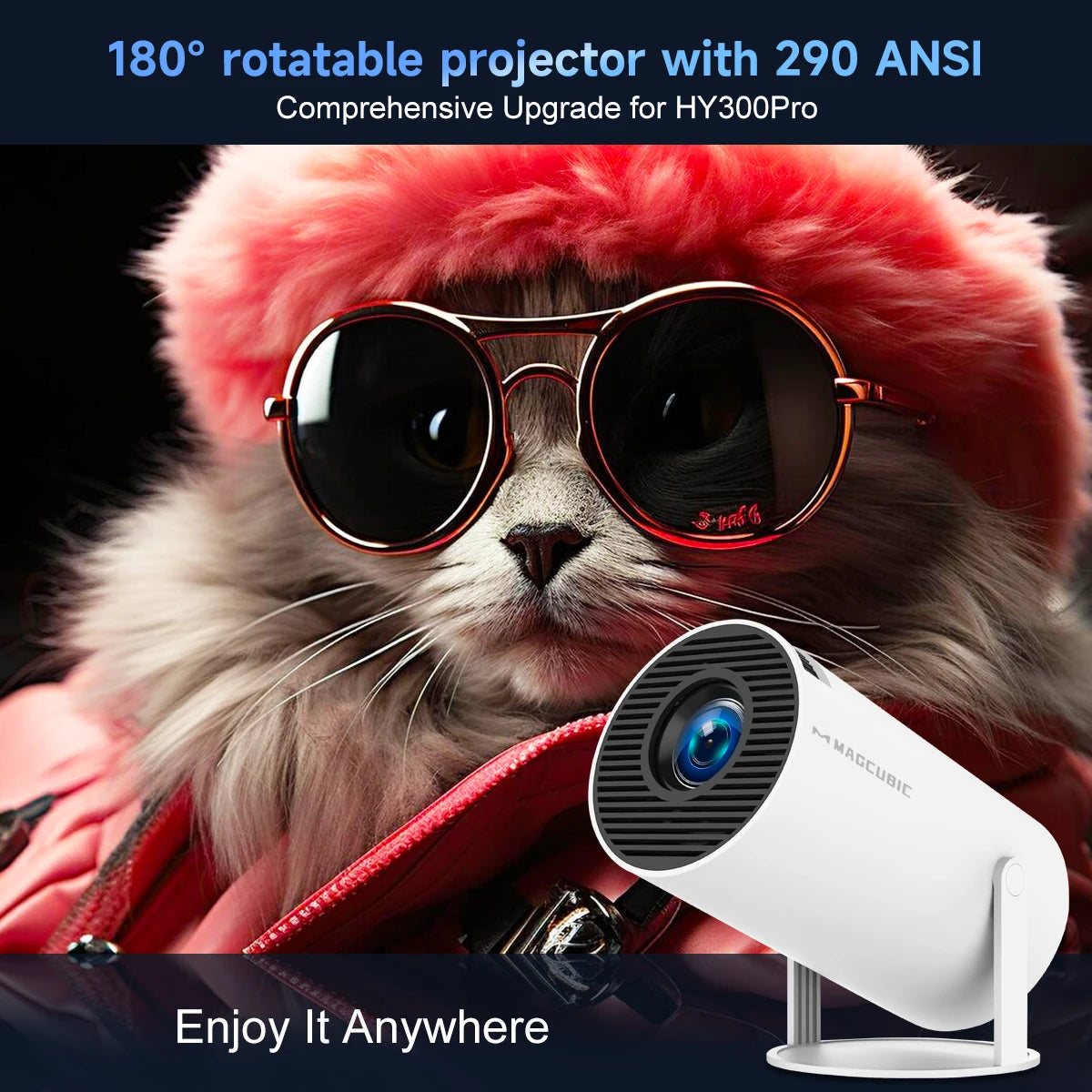 Cat wearing sunglasses with a projector and promotional text overlay