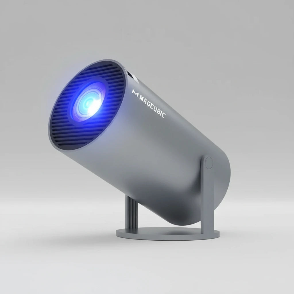 Gray projector with 'MAGICUBIC' branding on a white background