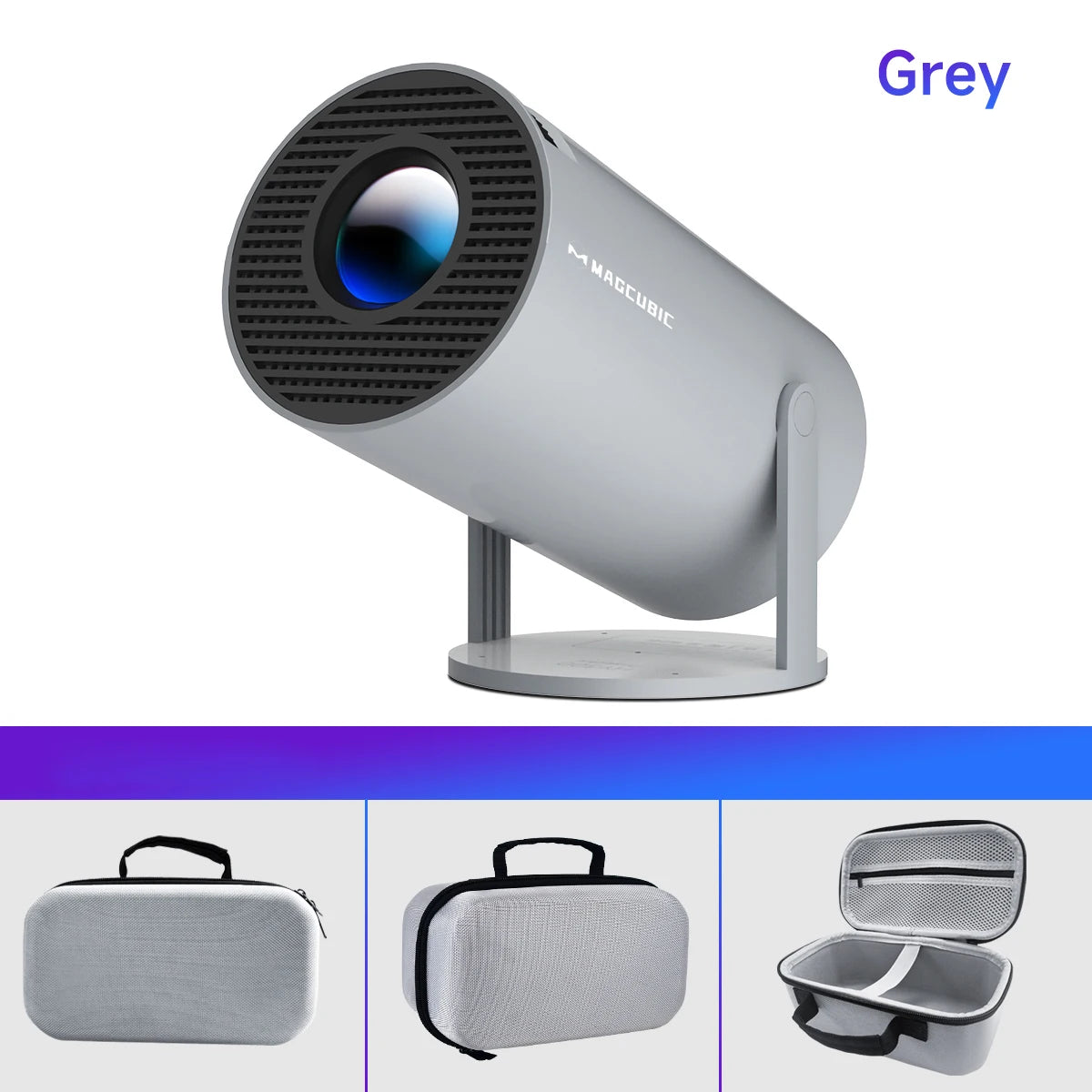 Portable projector with carrying case on a white background