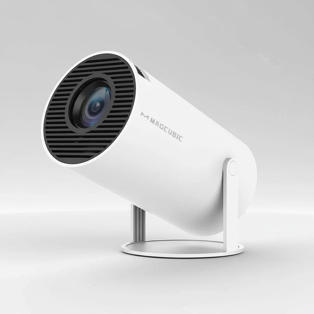 White security camera with black lens on a white background