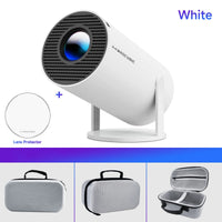 White projector with lens protector and carrying case on a white background