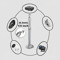 Camera mount system with various camera types and a stand on a white background