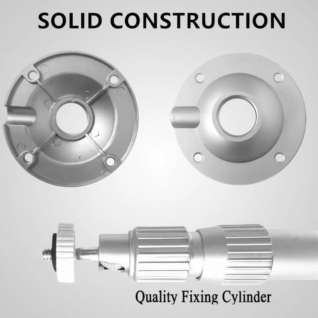 Two metal flanges and a quality fixing cylinder with 'Solid Construction' text on a white background.
