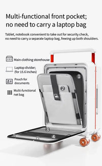 Multifunctional travel bag with compartments for tablet, laptop, and documents on a white background.