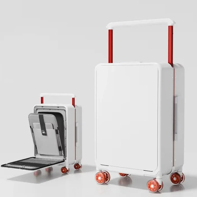 White suitcase with red handles and wheels on a light gray background