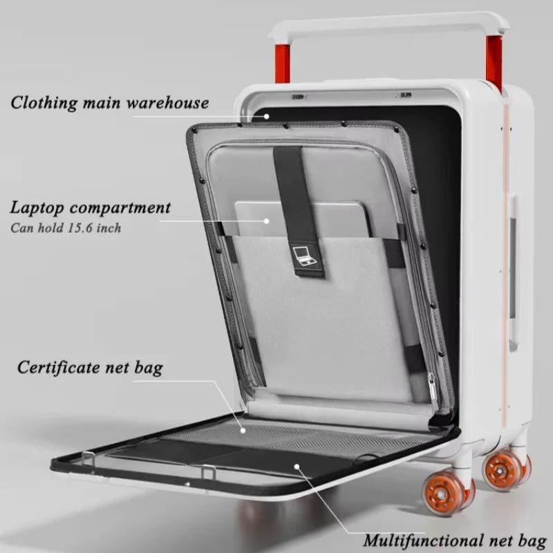 White suitcase with open compartments labeled for clothing, laptop, and certificate net bag on a gray background.