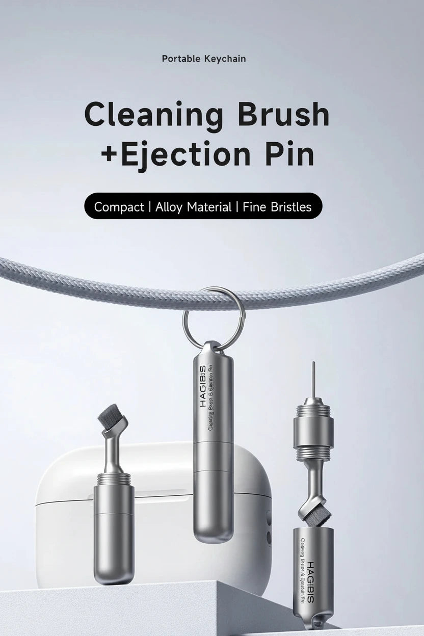 Portable keychain cleaning brush and ejection pin set on a light gray background