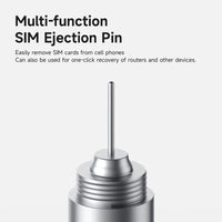 Multi-function SIM ejection pin on a white background with text describing its uses.