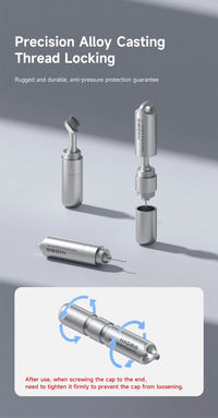 Metallic thread locking tools with text on a gray background