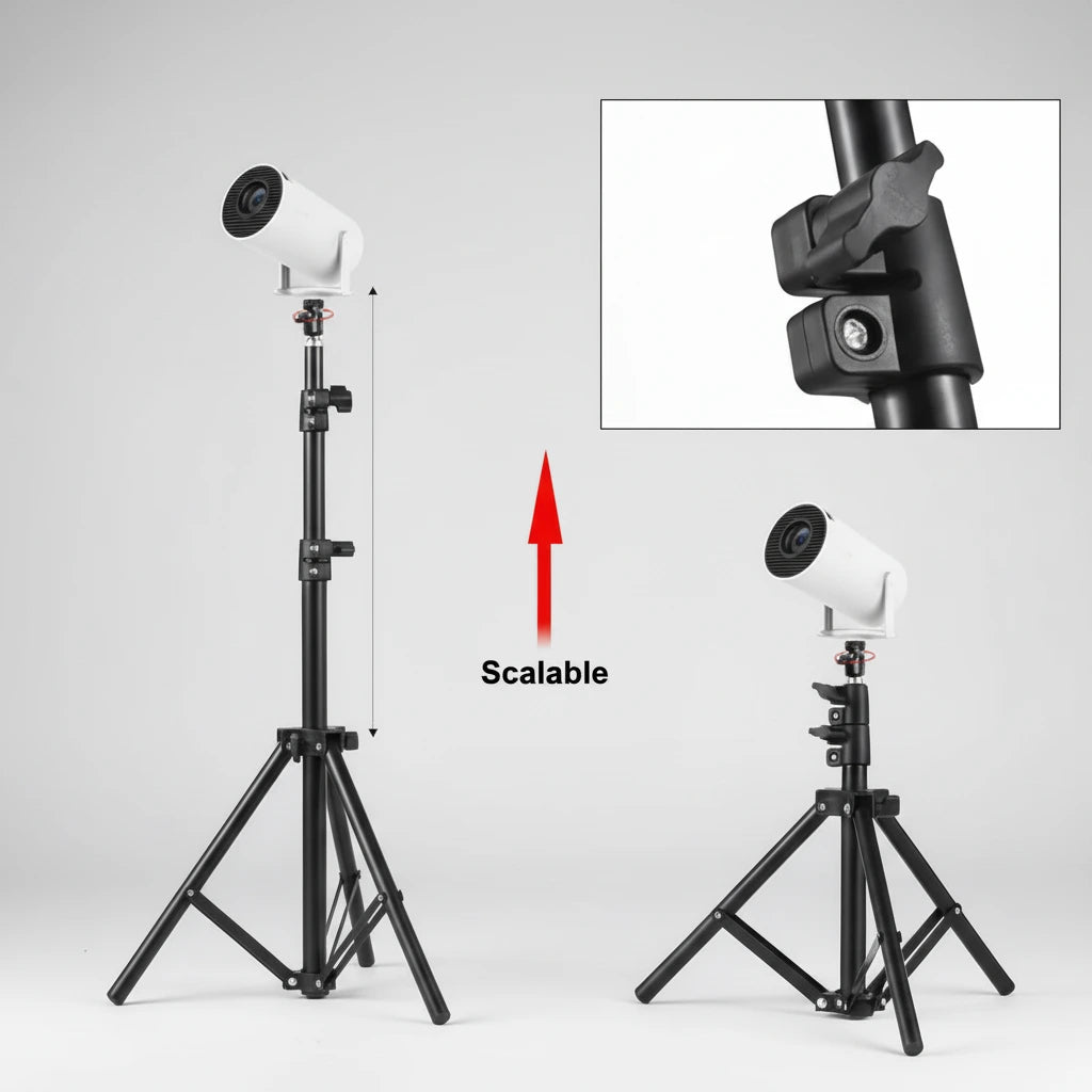 Black adjustable tripod with camera mount on a white background