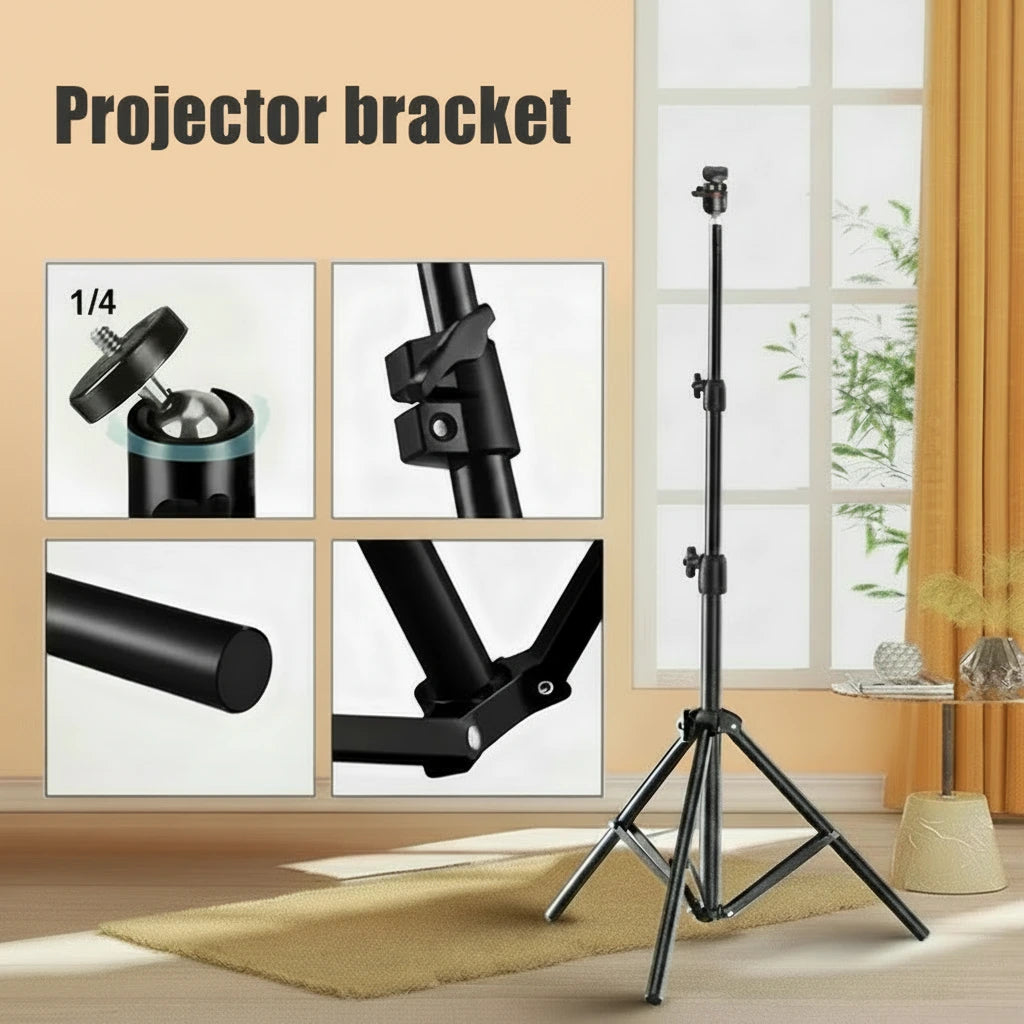 Projector bracket with adjustable height on a stand in a room setting.
