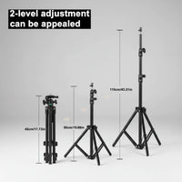 Black adjustable stand with measurements on a white background