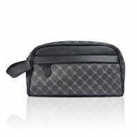 Gray toiletry bag with black accents on a white background