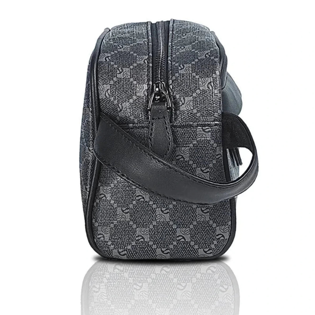 Gray patterned bag with a black strap on a white background