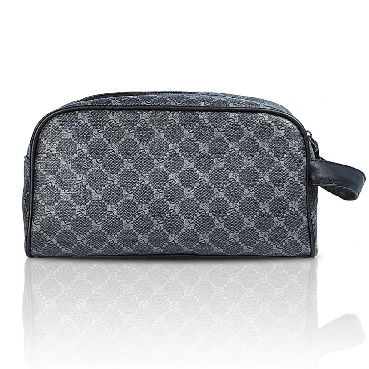 Gray toiletry bag with black checkered pattern on a white background