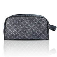 Gray toiletry bag with black checkered pattern on a white background