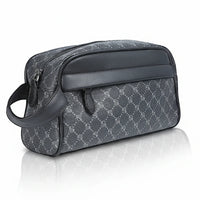 Gray patterned toiletry bag with black handle on a white background