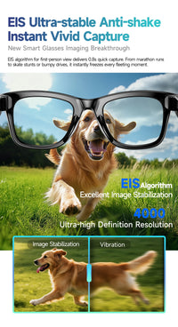 Glasses with EIS technology feature, showing a dog running outdoors with text about image stabilization and high definition resolution.