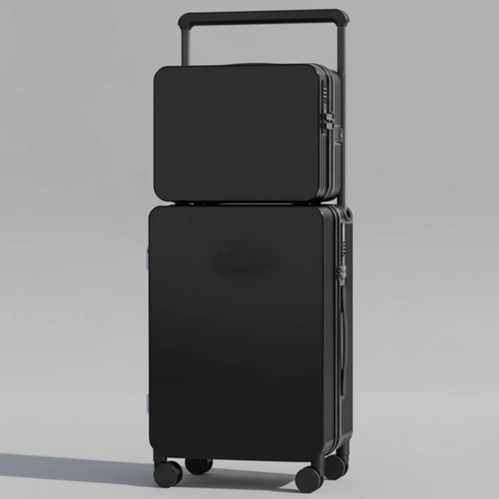 Black suitcase with a smaller black box on top, placed on a wooden floor.