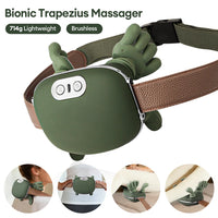 Green bionic trapezius massager with brown strap on a white background