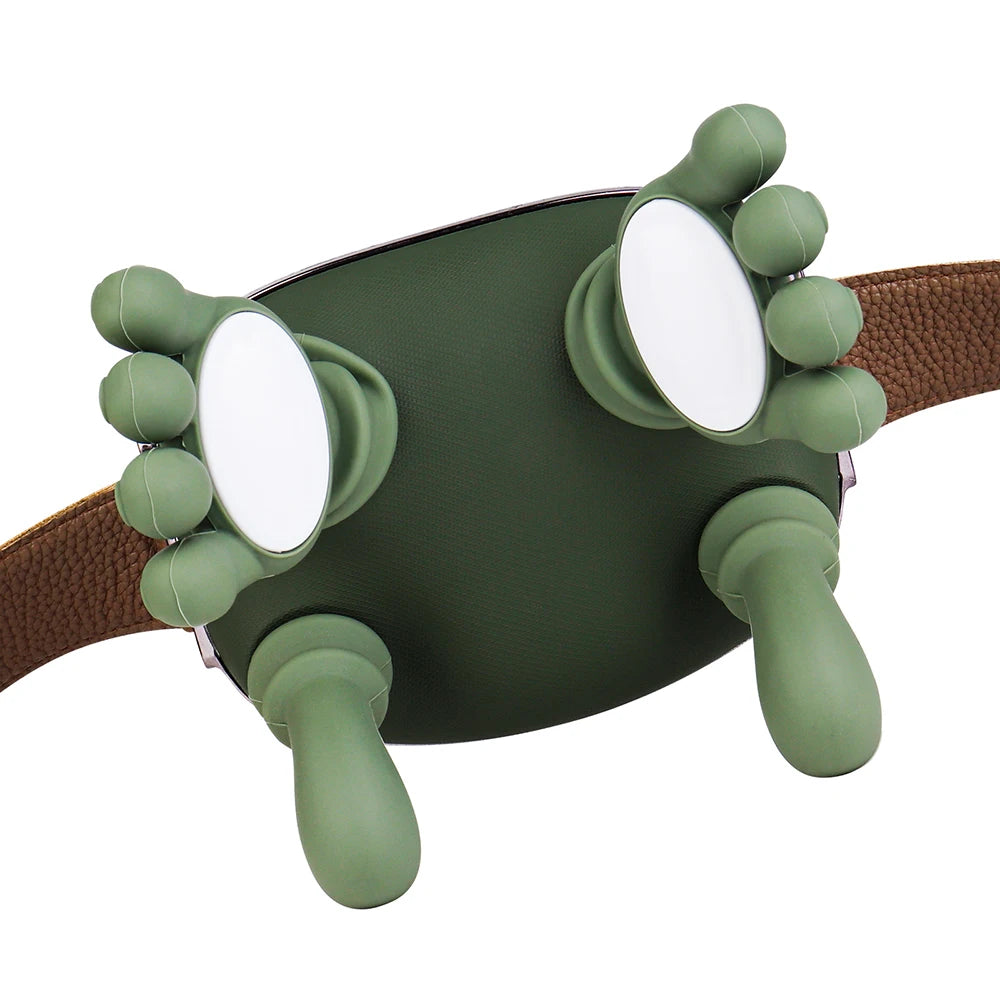 Green dog muzzle with brown strap on a white background
