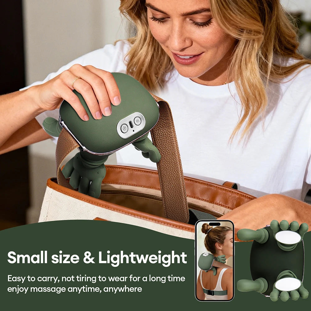 Woman placing a green handheld massager into a bag with text highlighting its small size and lightweight features.