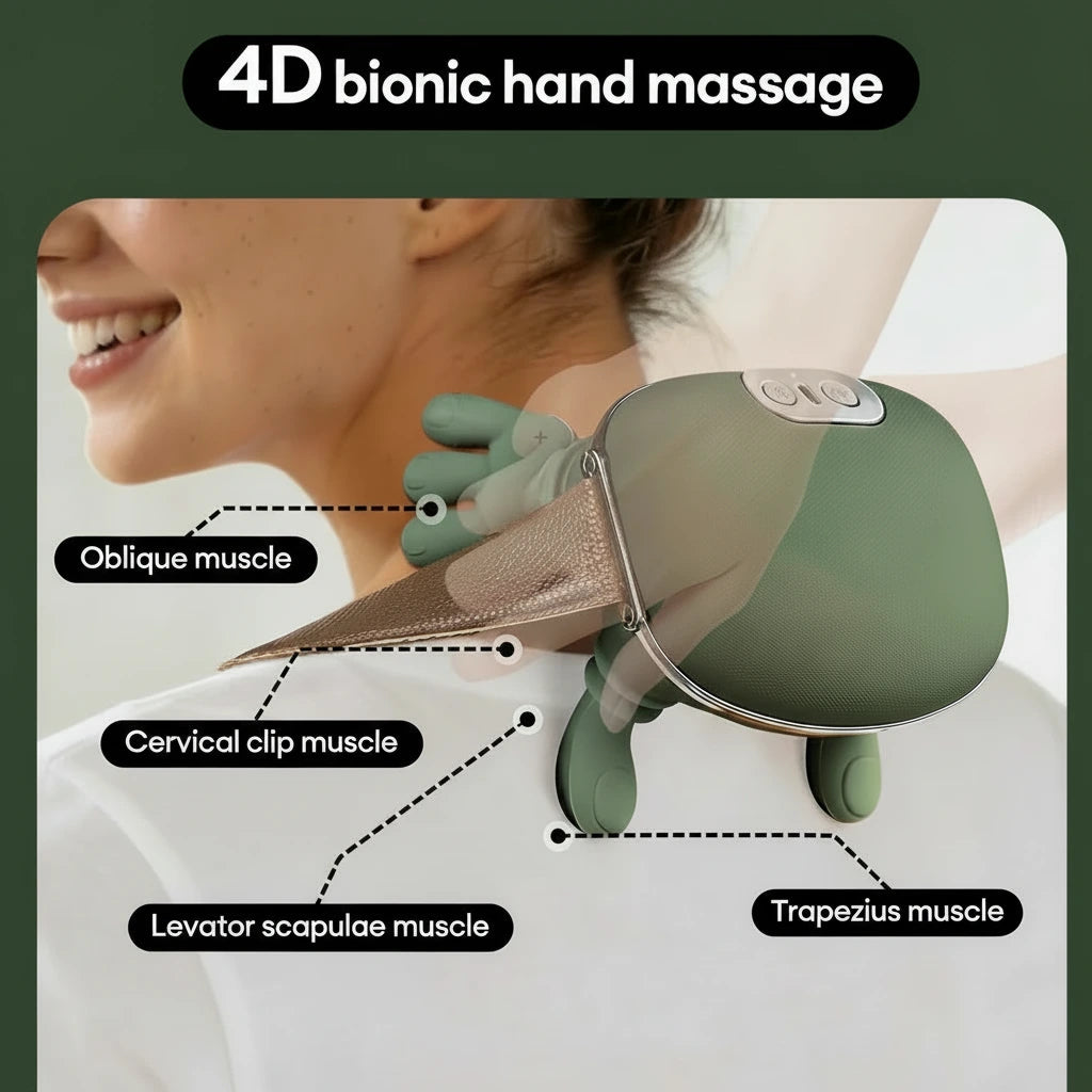 4D bionic hand massage device being used on a person's neck with labeled muscles.