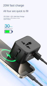 Fast charging adapter with smartphone on a white background
