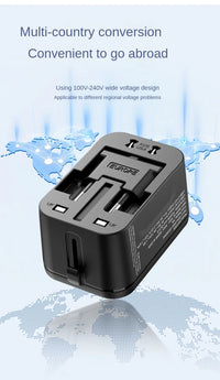 Black multi-country conversion adapter with text on a world map background