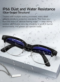 Eyeglasses with water droplets on a gray background, emphasizing dust and water resistance.