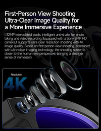 Camera lens with text about ultra-clear image quality and first-person view shooting.