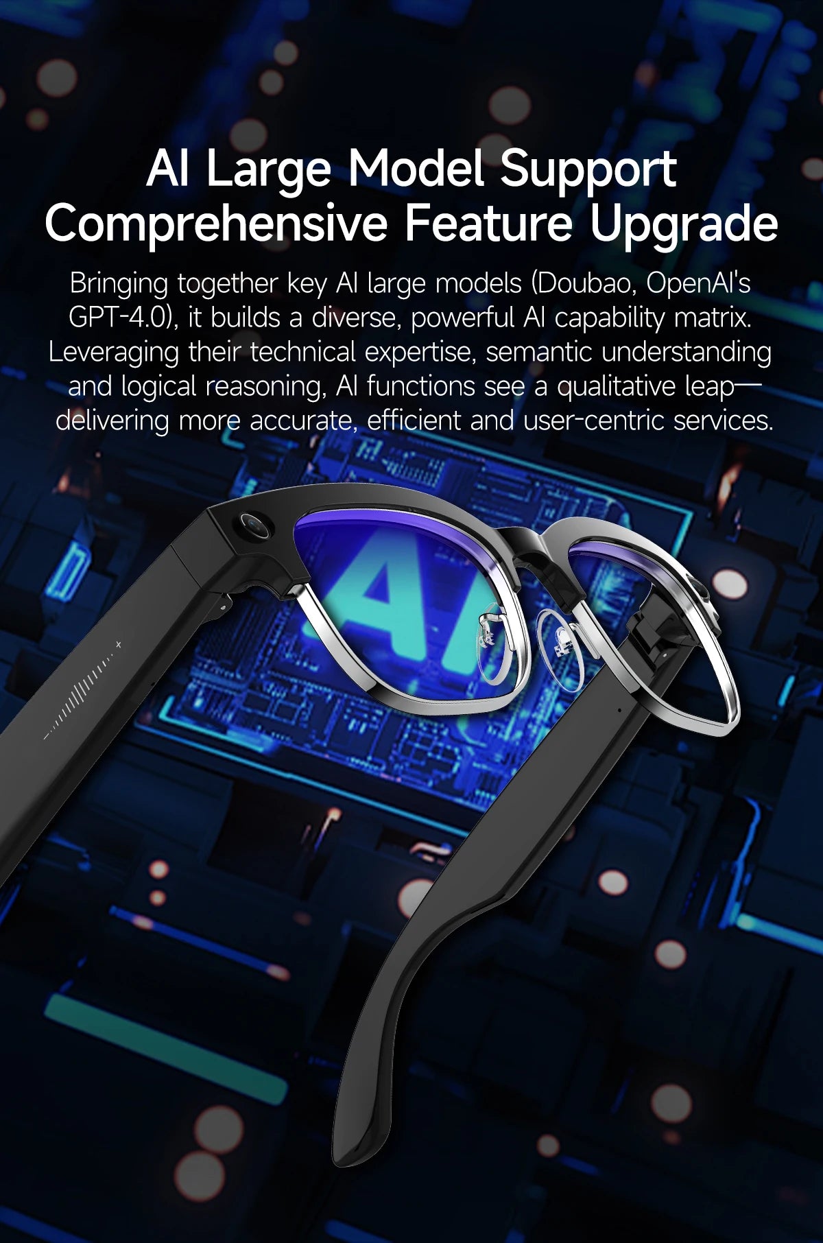 Eyeglasses with a digital display showing 'AI' on a background of circuit boards and technical text.