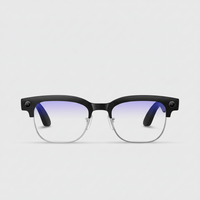 Black-framed glasses with blue-tinted lenses on a white background
