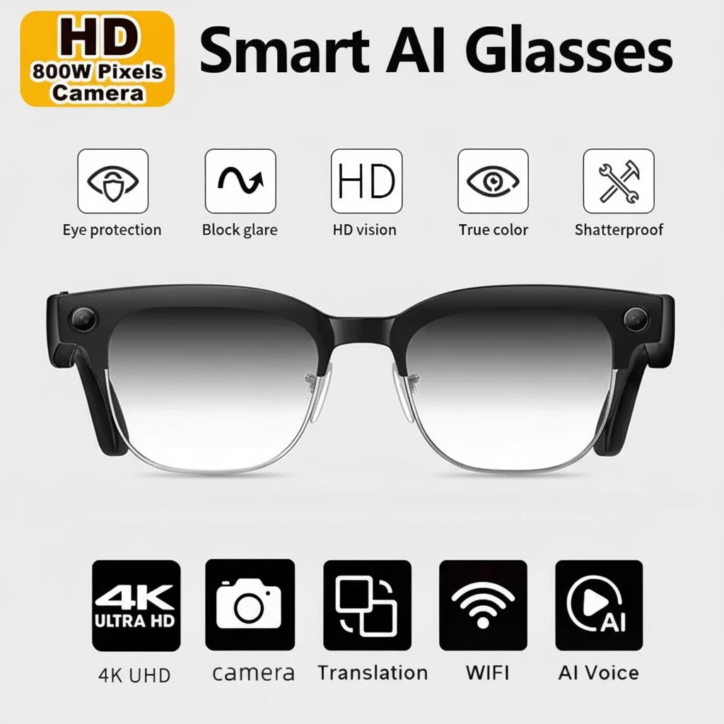 Smart AI Glasses with features listed on a white background