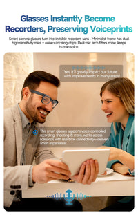 Two people using a tablet with text about smart camera glasses transforming into recorders.