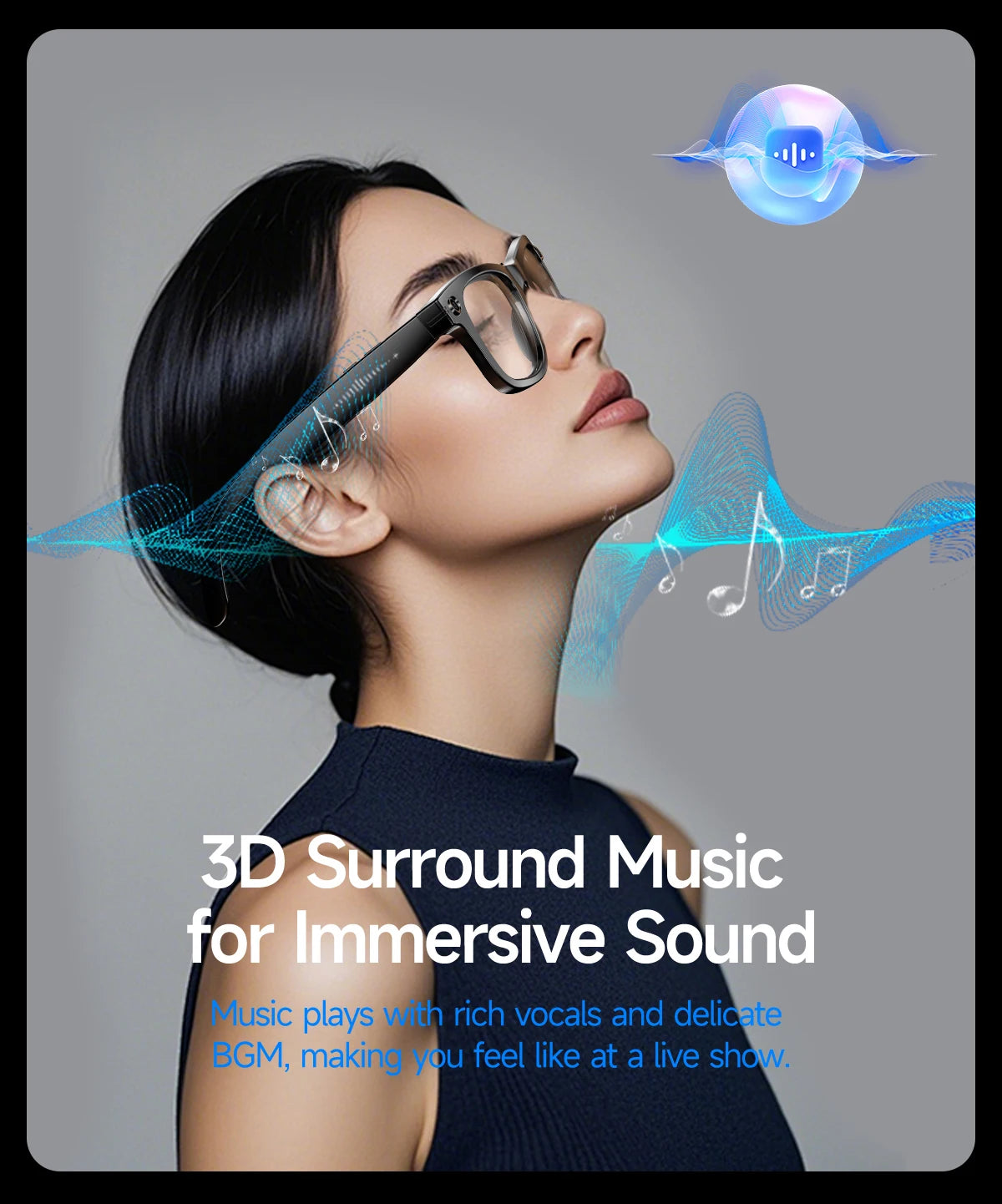 Woman wearing glasses with 3D sound waves and text about 3D surround music on a gray background